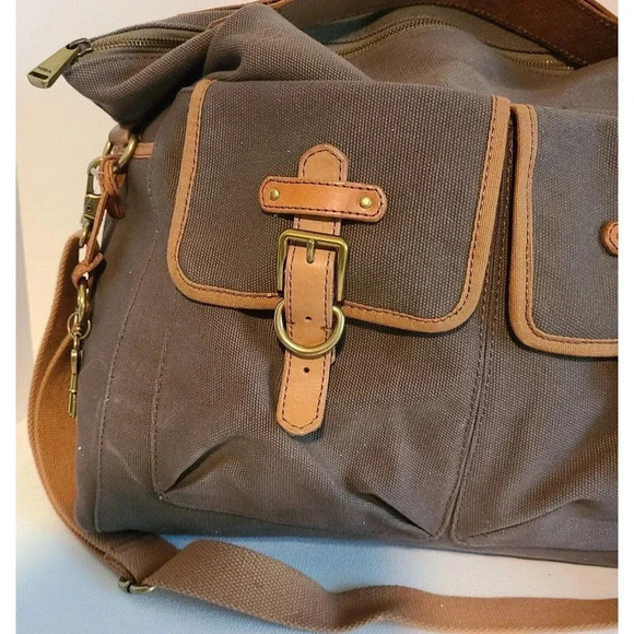 FOSSIL DUFFEL 1954 LONG LIVE VINTAGE LEATHER GREEN CANVAS MILITARY STYLE BAG LG - Picture 2 of 16